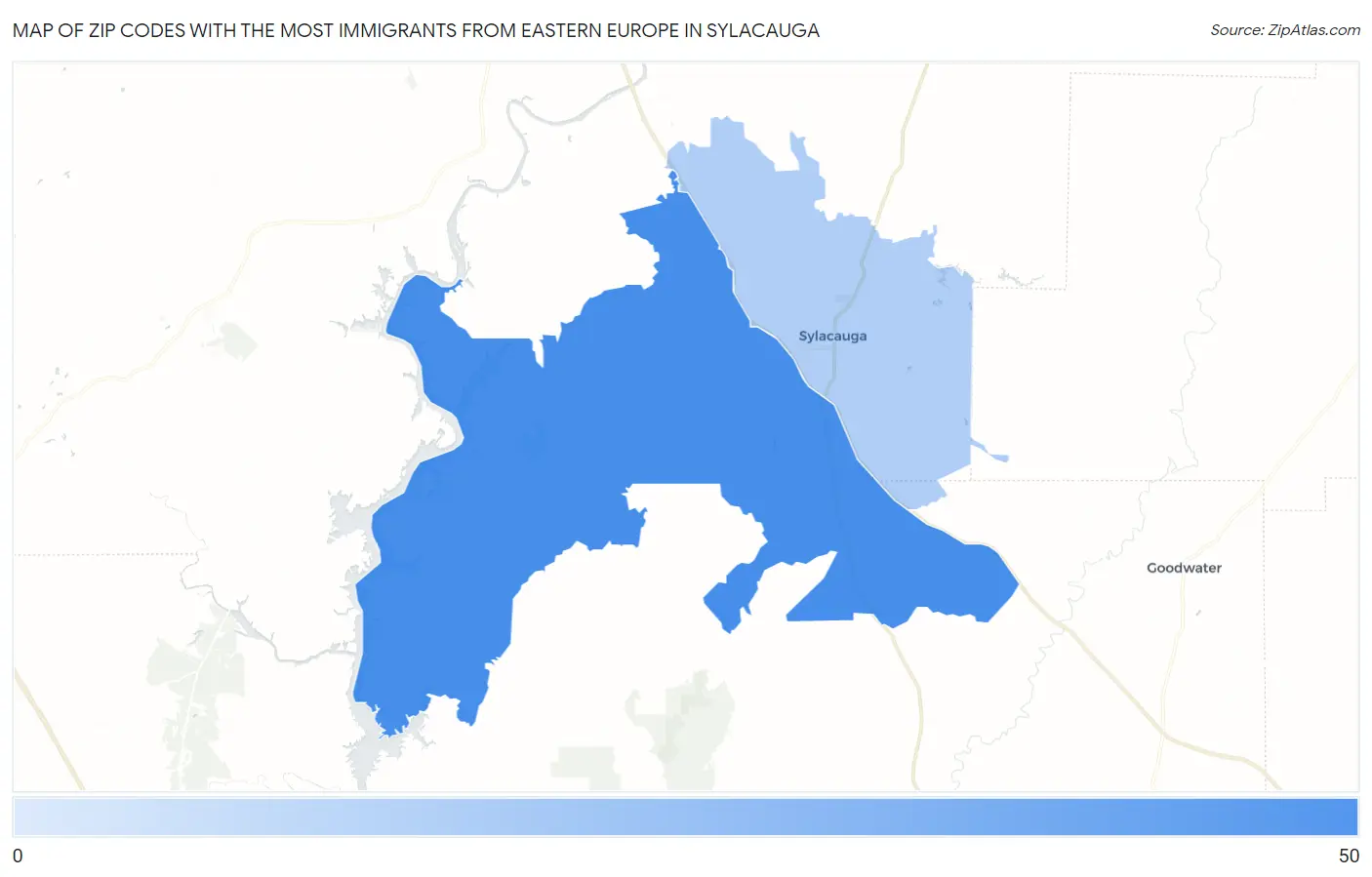 Zip Codes with the Most Immigrants from Eastern Europe in Sylacauga Map