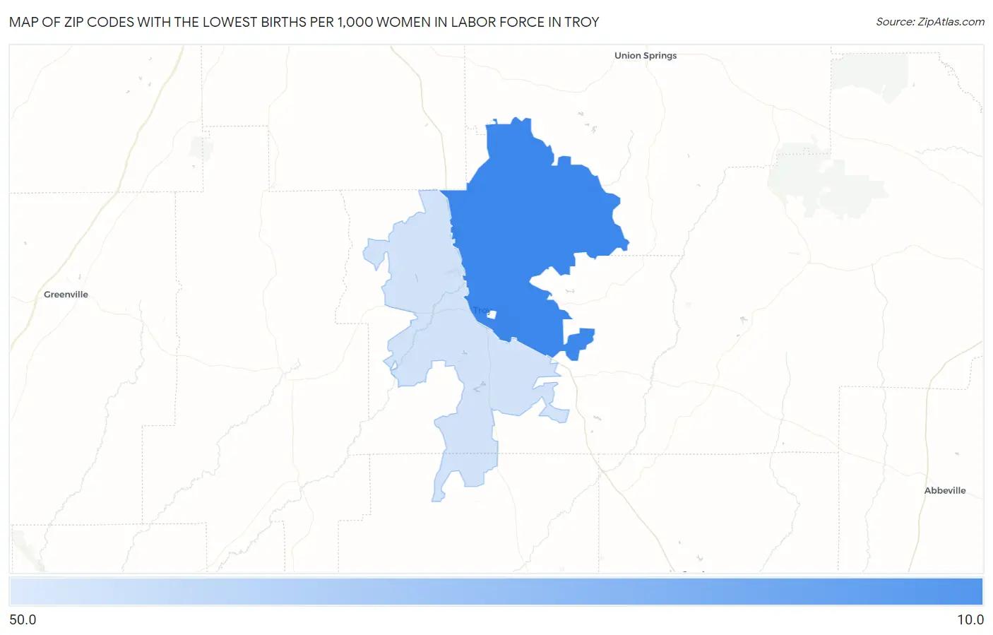 Zip Codes with the Lowest Births per 1,000 Women in Labor Force in Troy Map