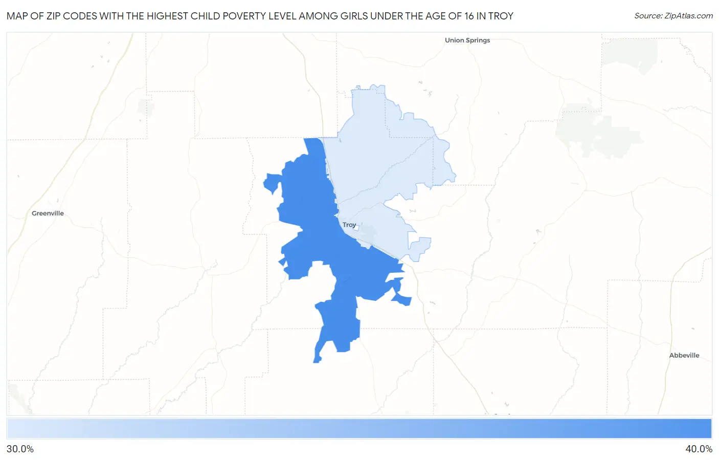Zip Codes with the Highest Child Poverty Level Among Girls Under the Age of 16 in Troy Map