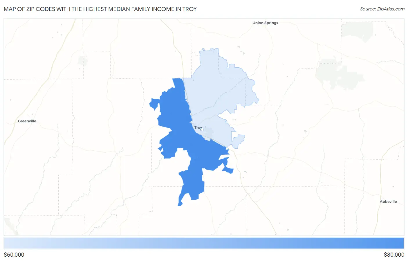 Zip Codes with the Highest Median Family Income in Troy Map