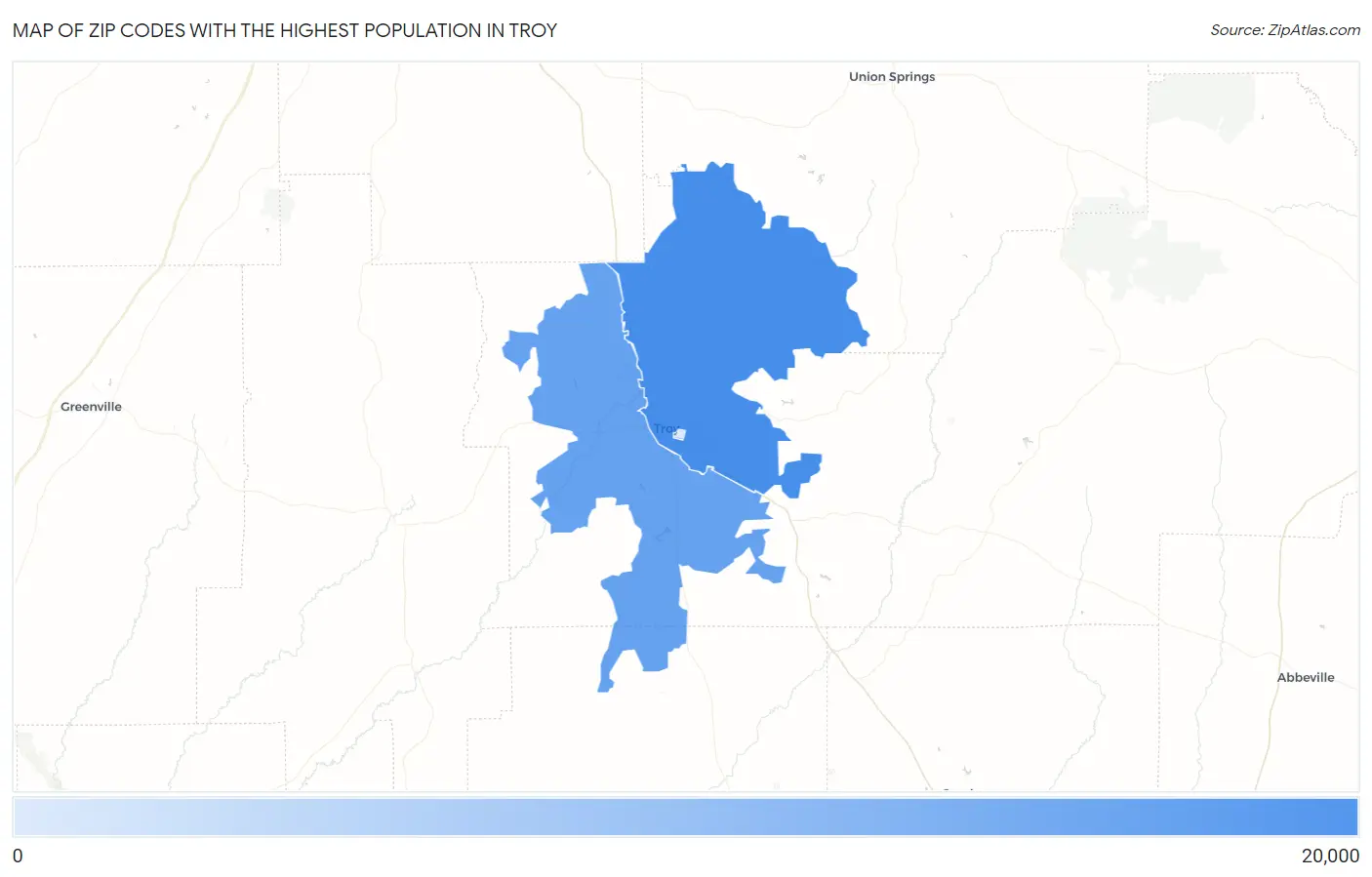 Zip Codes with the Highest Population in Troy Map