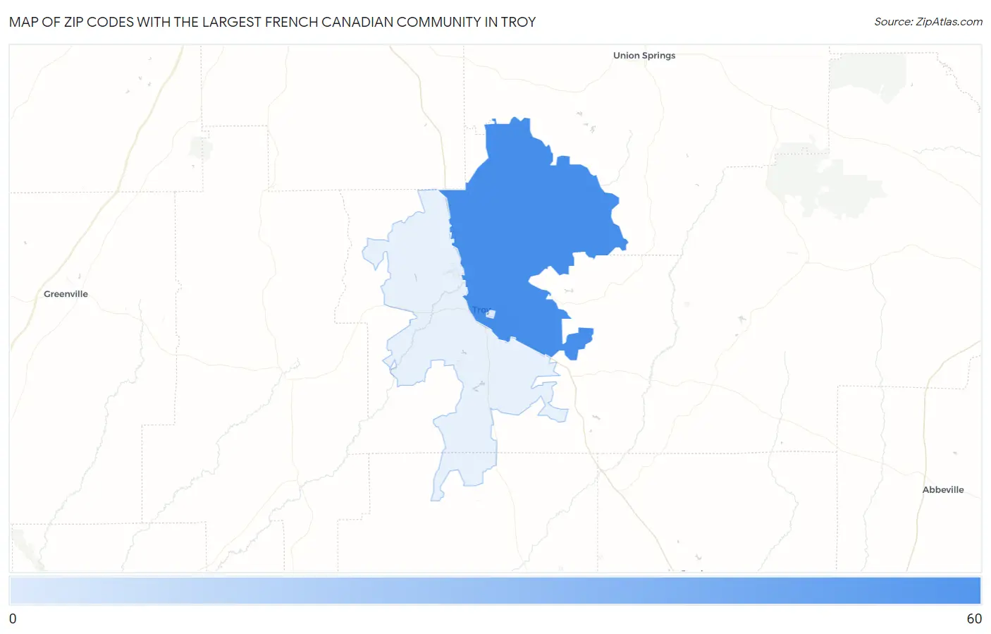 Zip Codes with the Largest French Canadian Community in Troy Map
