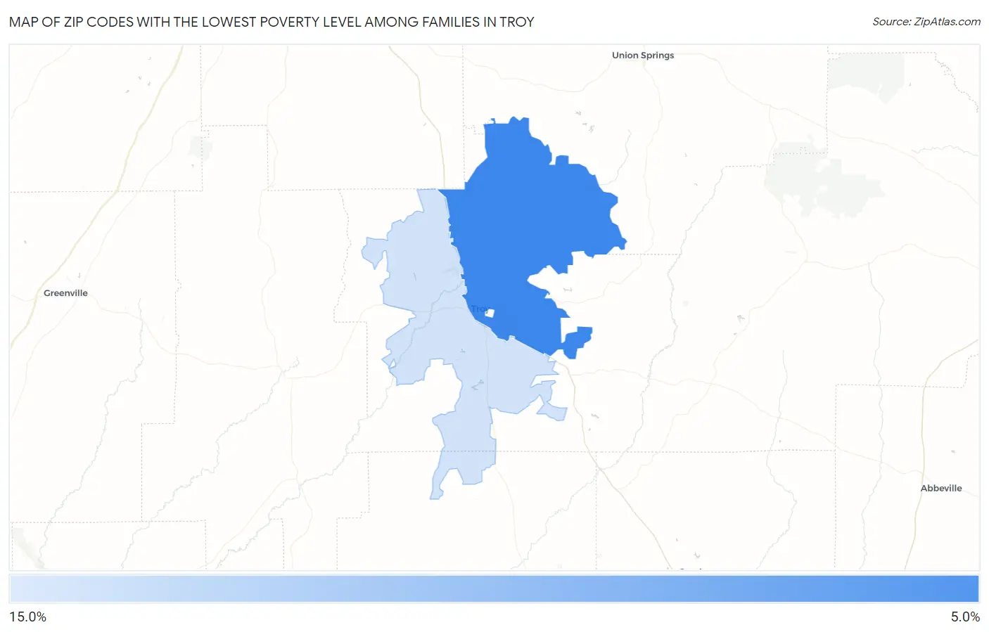 Zip Codes with the Lowest Poverty Level Among Families in Troy Map