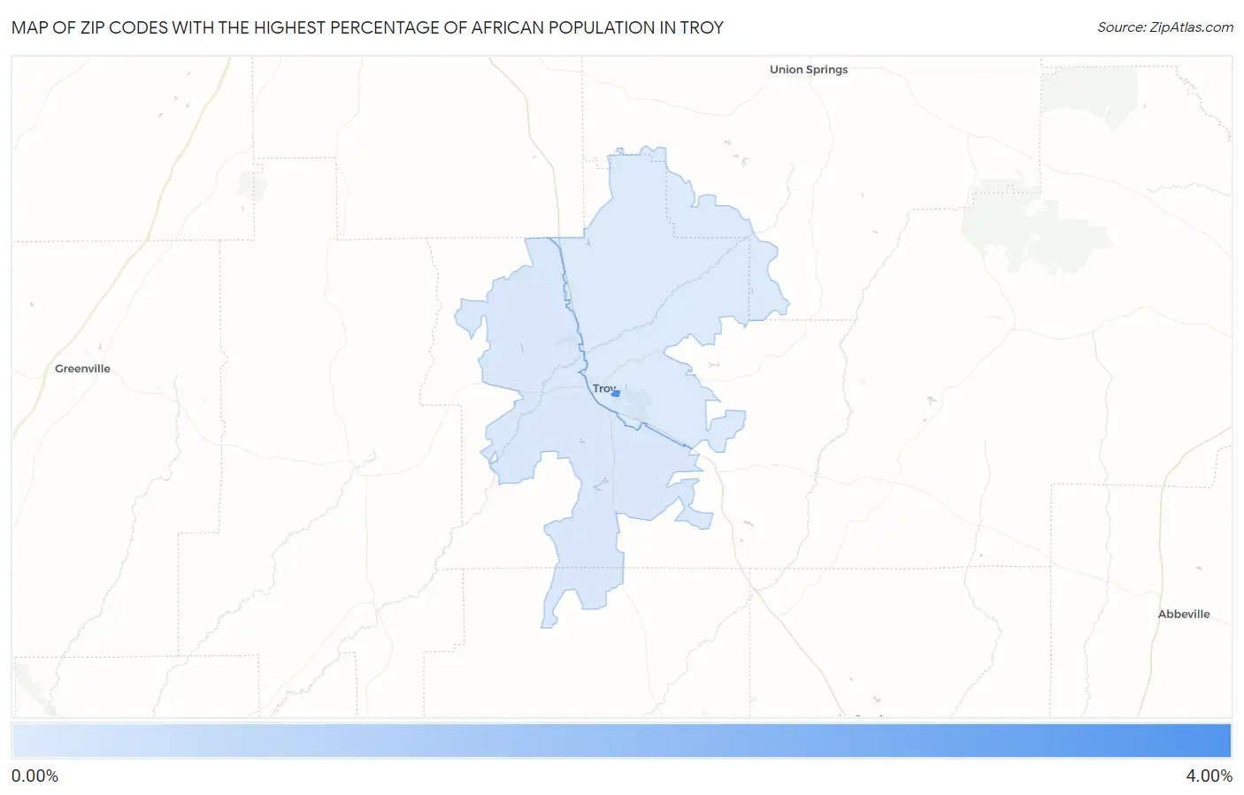 Zip Codes with the Highest Percentage of African Population in Troy Map