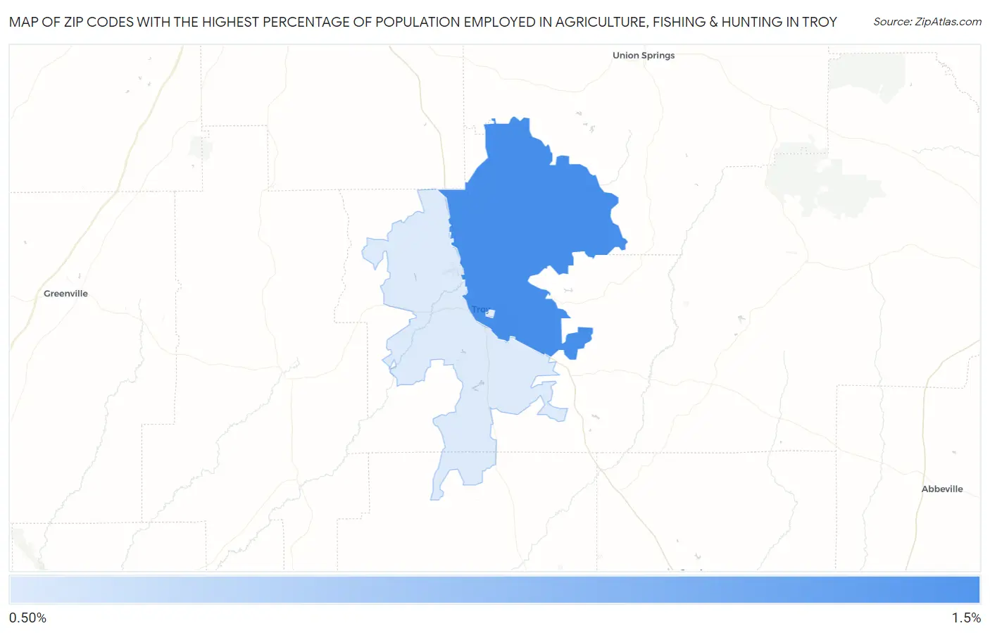Zip Codes with the Highest Percentage of Population Employed in Agriculture, Fishing & Hunting in Troy Map