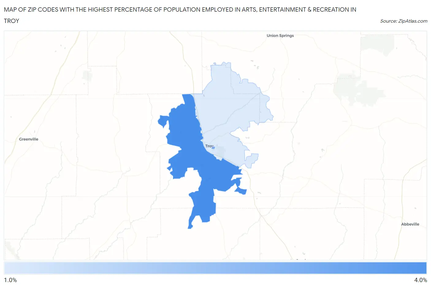 Zip Codes with the Highest Percentage of Population Employed in Arts, Entertainment & Recreation in Troy Map