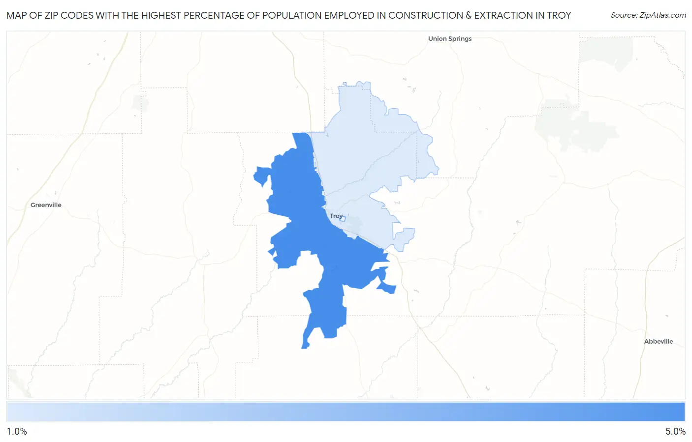 Zip Codes with the Highest Percentage of Population Employed in Construction & Extraction in Troy Map