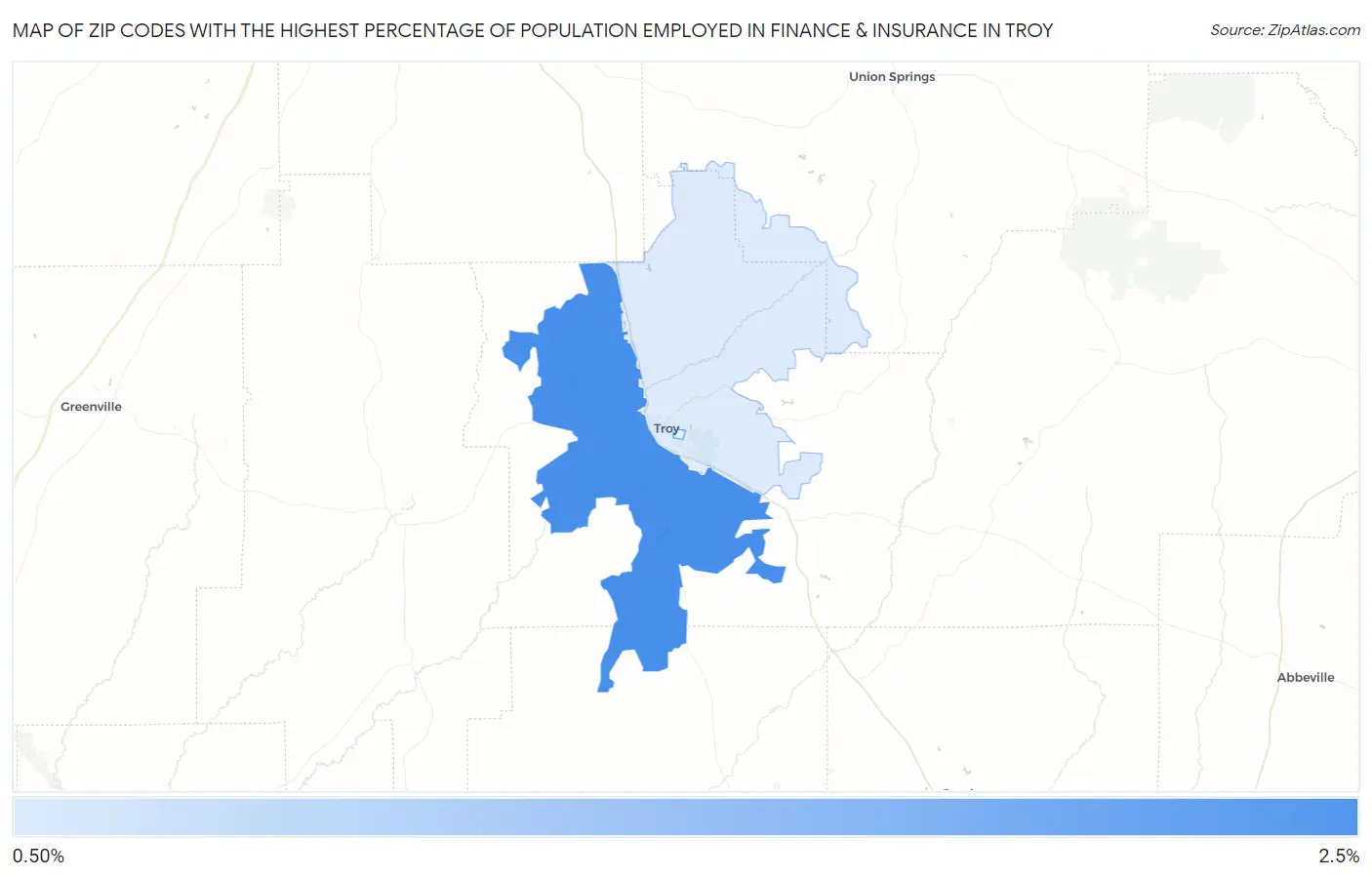 Zip Codes with the Highest Percentage of Population Employed in Finance & Insurance in Troy Map