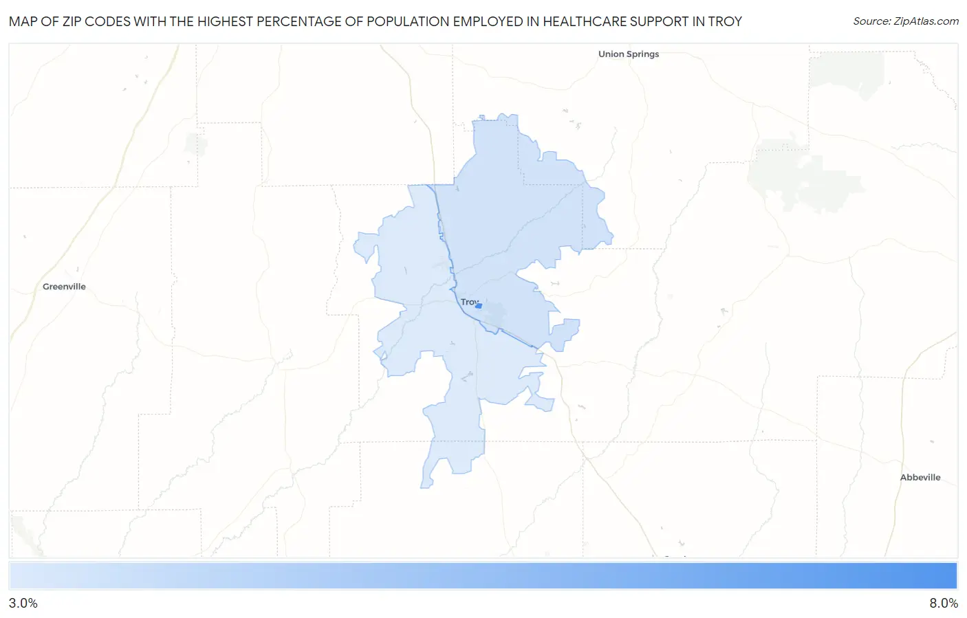 Zip Codes with the Highest Percentage of Population Employed in Healthcare Support in Troy Map