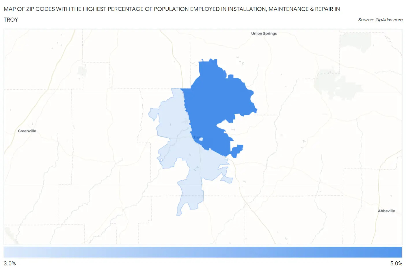 Zip Codes with the Highest Percentage of Population Employed in Installation, Maintenance & Repair in Troy Map