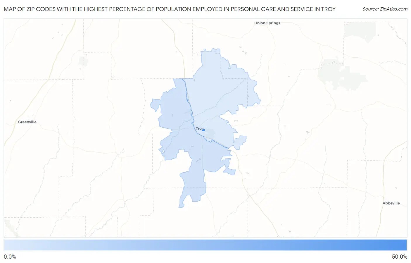 Zip Codes with the Highest Percentage of Population Employed in Personal Care and Service in Troy Map