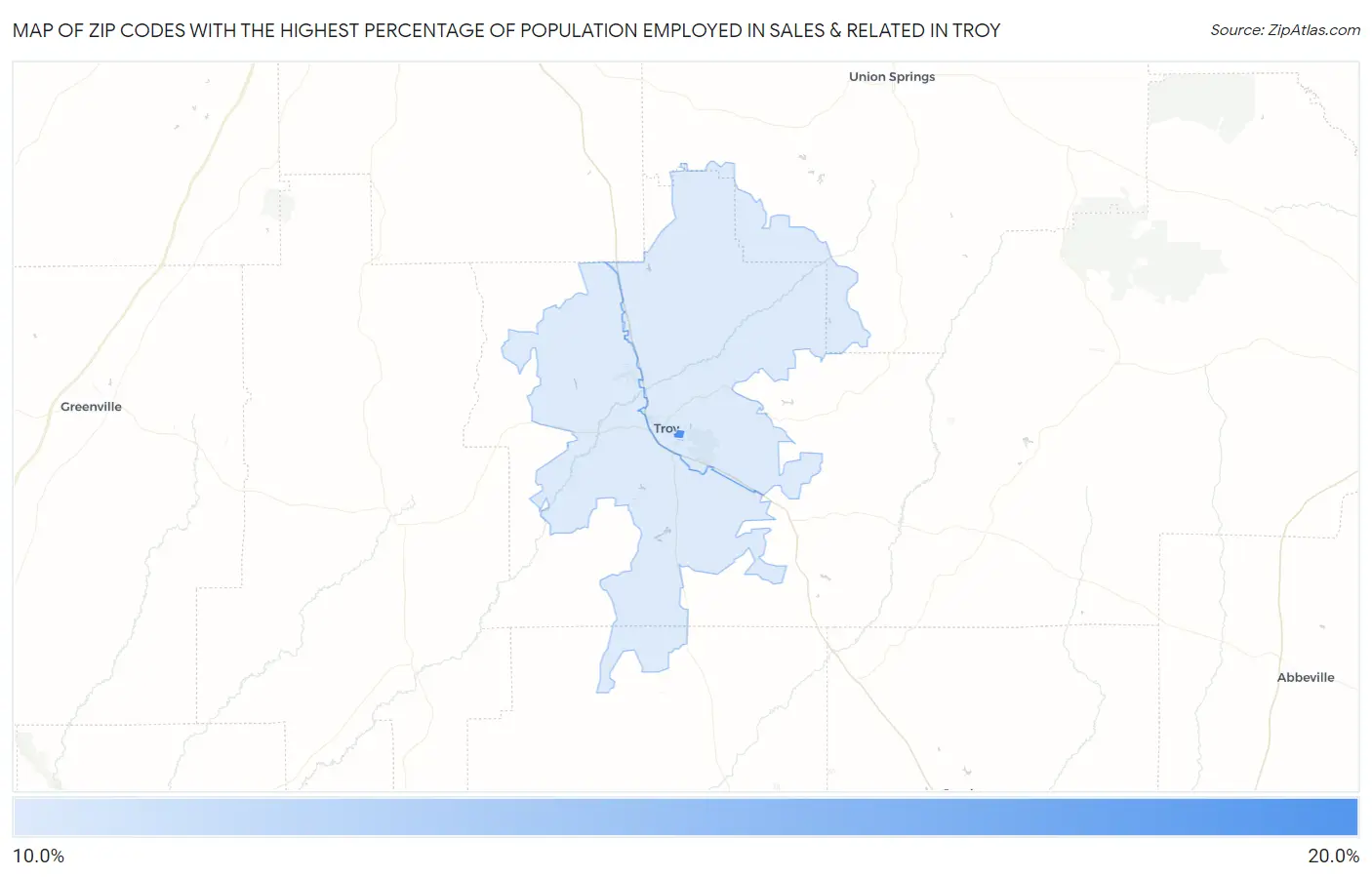 Zip Codes with the Highest Percentage of Population Employed in Sales & Related in Troy Map