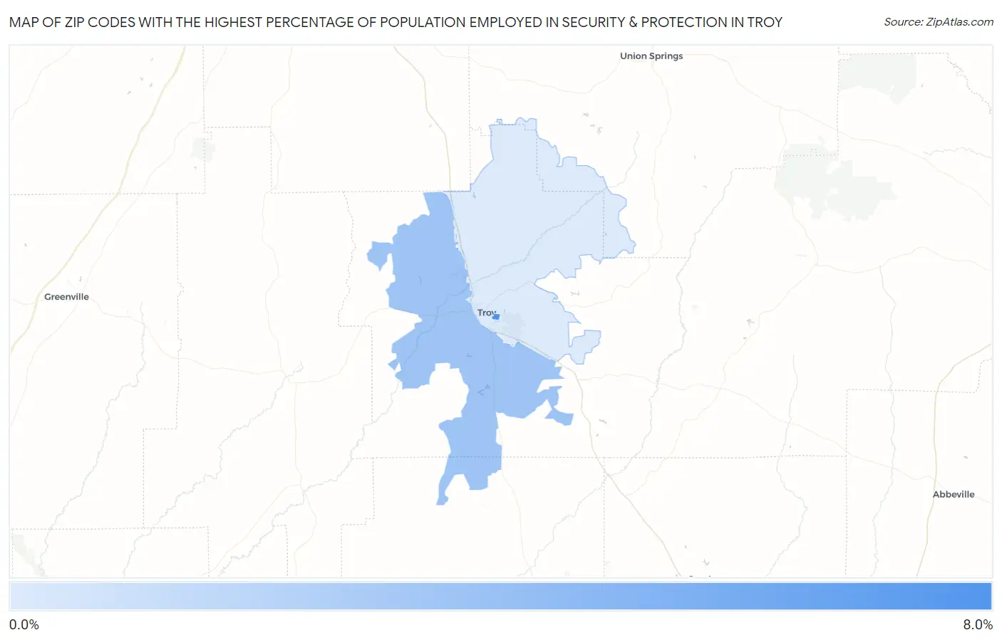 Zip Codes with the Highest Percentage of Population Employed in Security & Protection in Troy Map