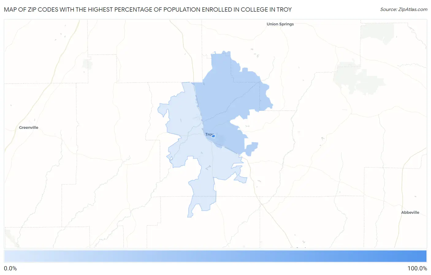 Zip Codes with the Highest Percentage of Population Enrolled in College in Troy Map