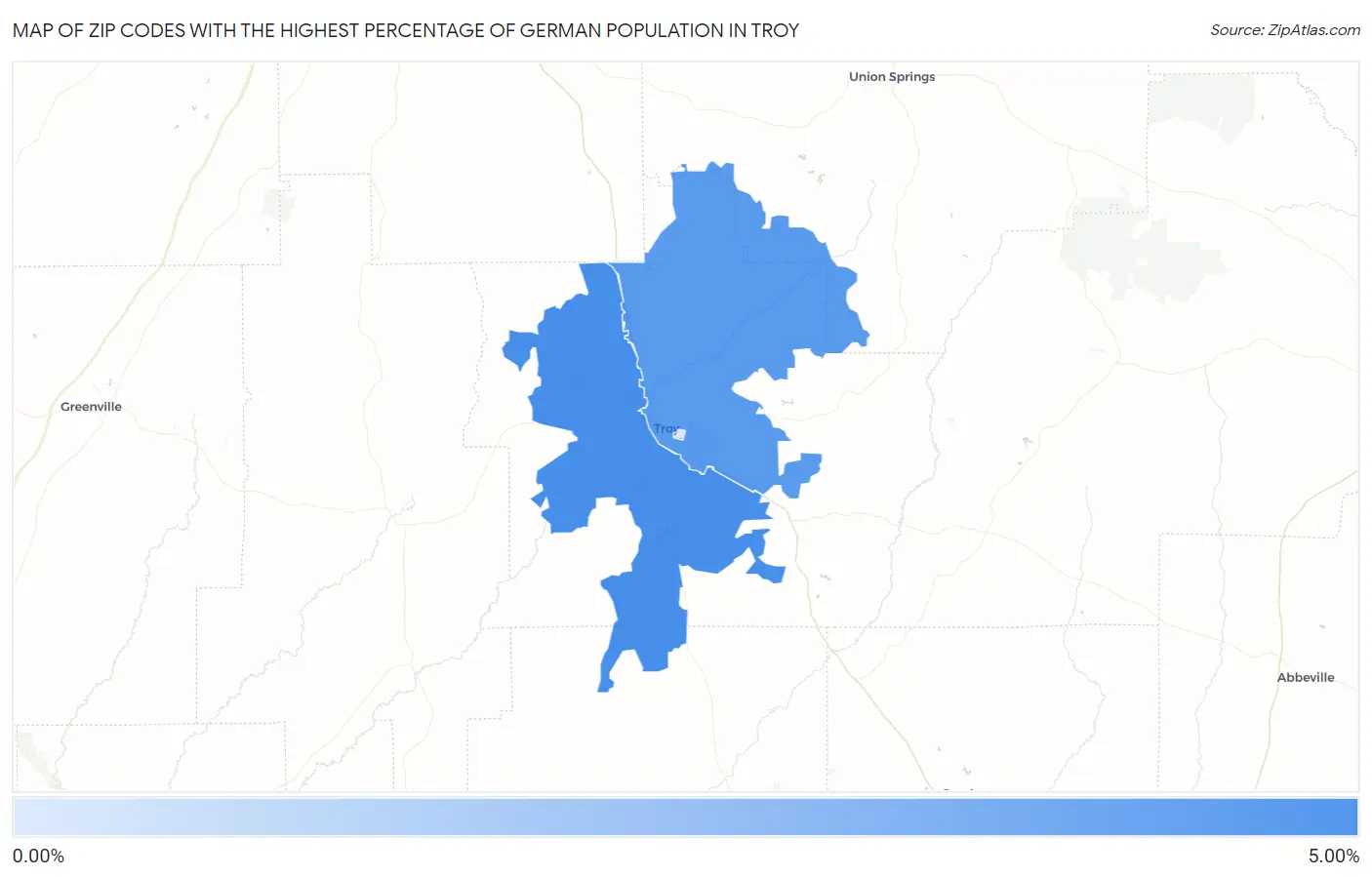 Zip Codes with the Highest Percentage of German Population in Troy Map