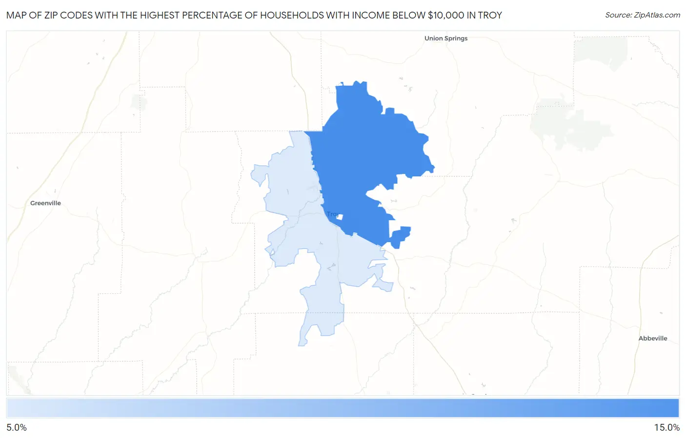 Zip Codes with the Highest Percentage of Households with Income Below $10,000 in Troy Map