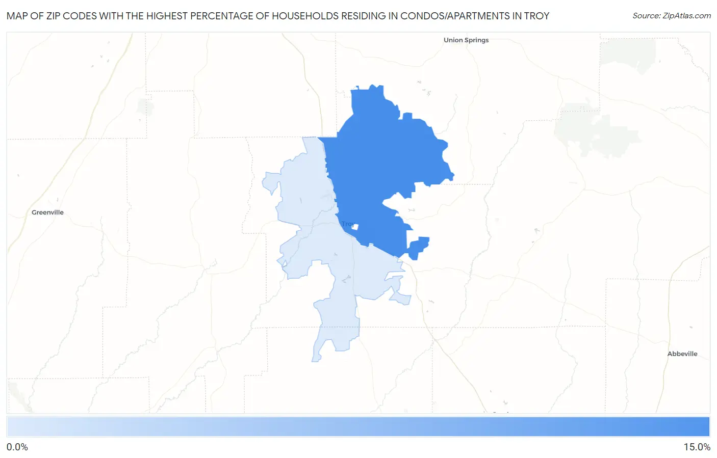 Zip Codes with the Highest Percentage of Households Residing in Condos/Apartments in Troy Map