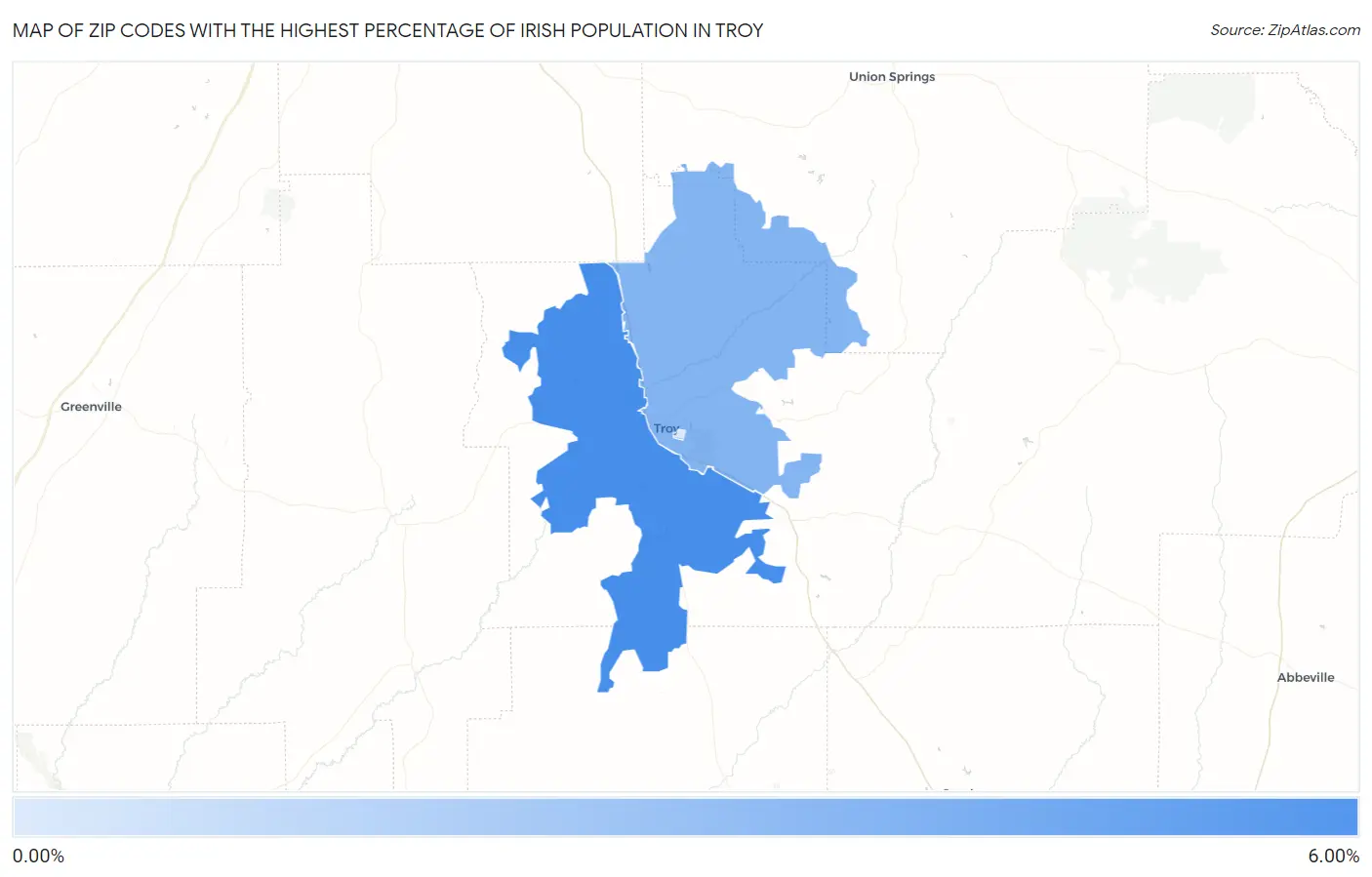 Zip Codes with the Highest Percentage of Irish Population in Troy Map