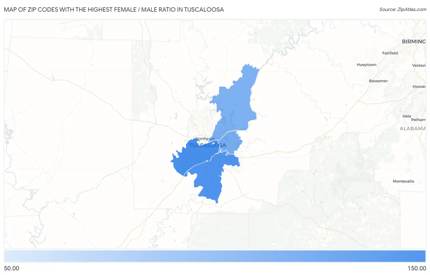 Zip Codes with the Highest Female / Male Ratio in Tuscaloosa Map