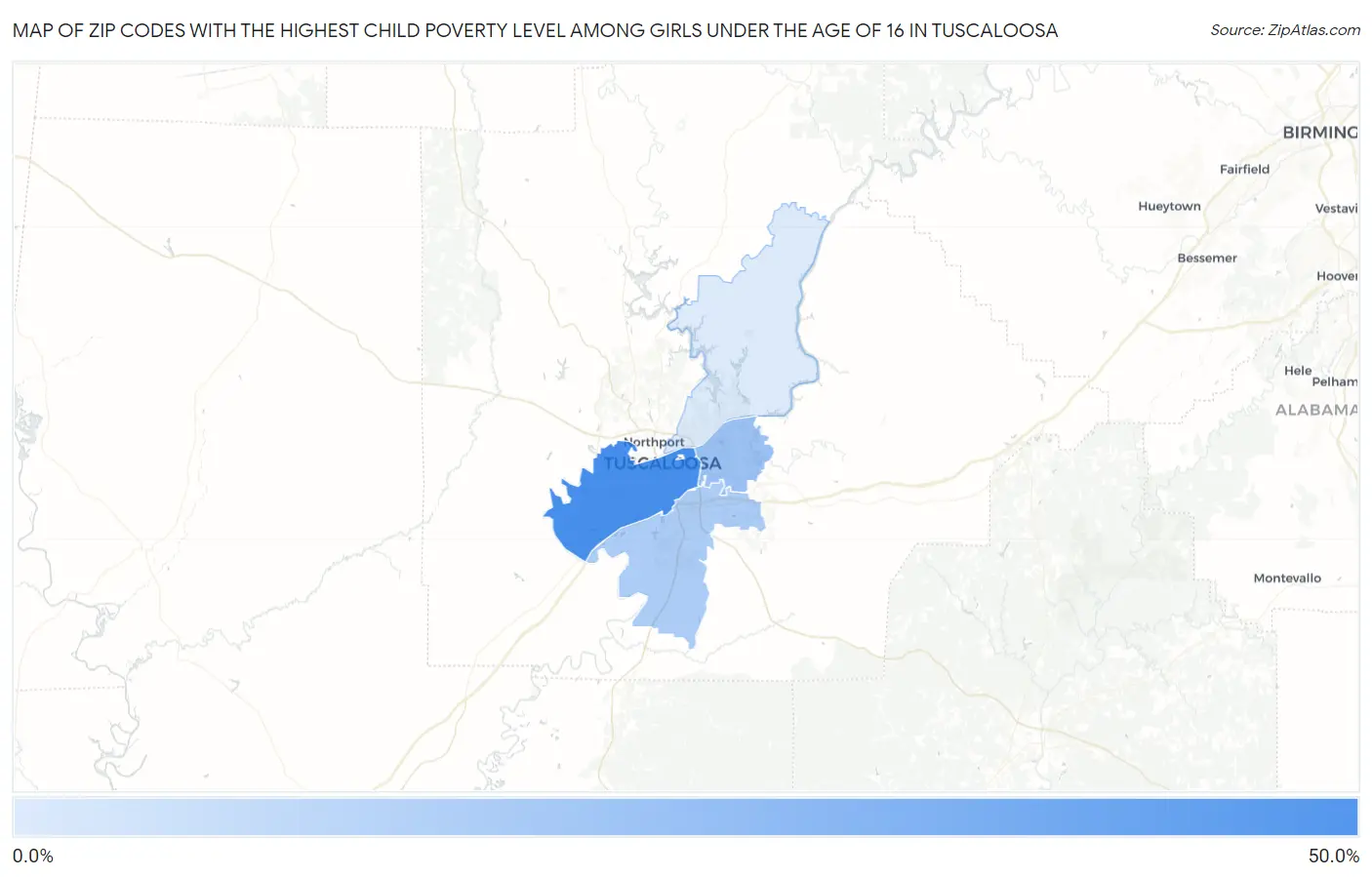 Zip Codes with the Highest Child Poverty Level Among Girls Under the Age of 16 in Tuscaloosa Map