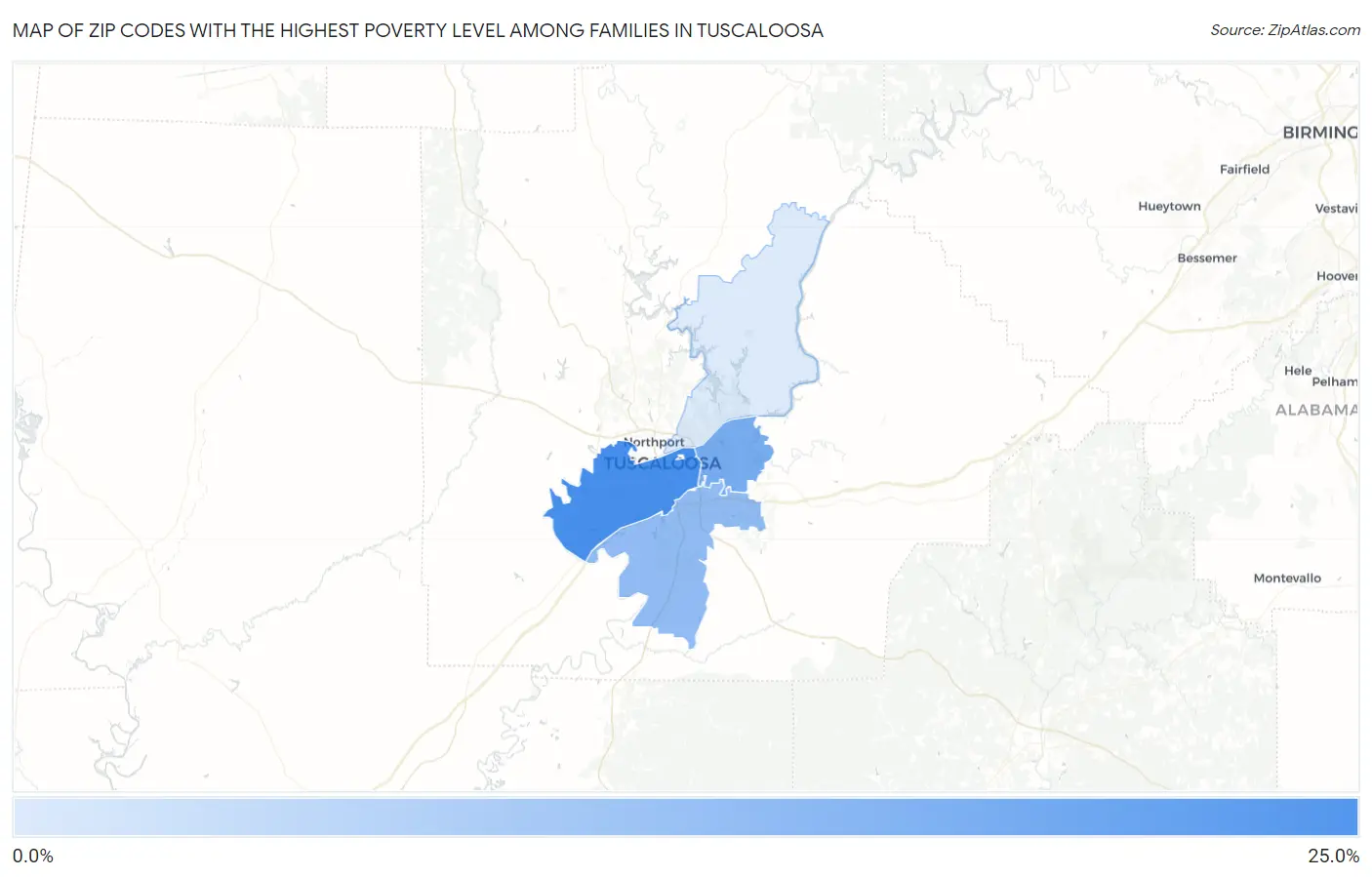 Zip Codes with the Highest Poverty Level Among Families in Tuscaloosa Map