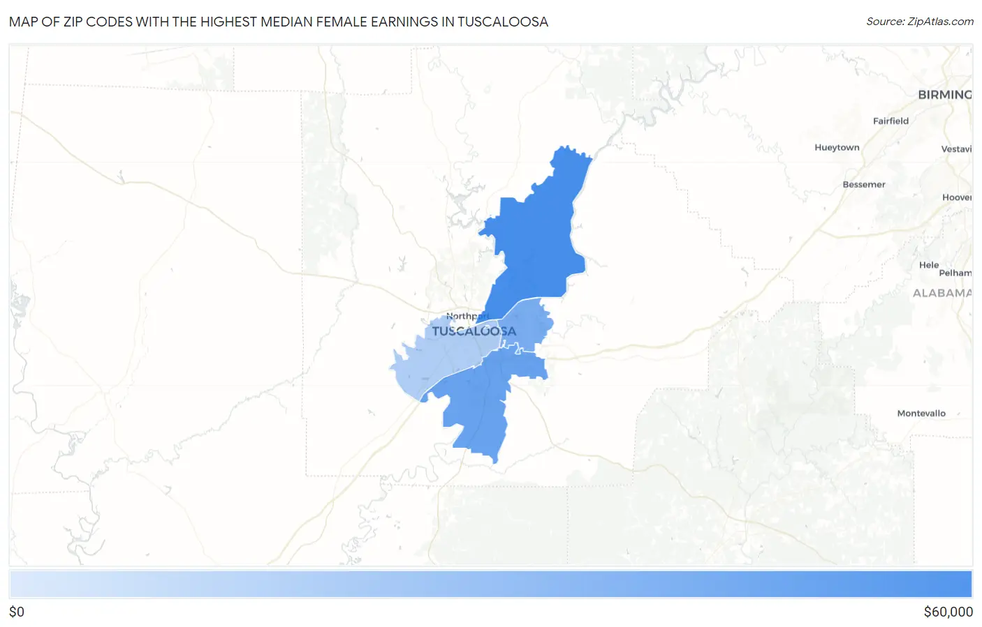 Zip Codes with the Highest Median Female Earnings in Tuscaloosa Map
