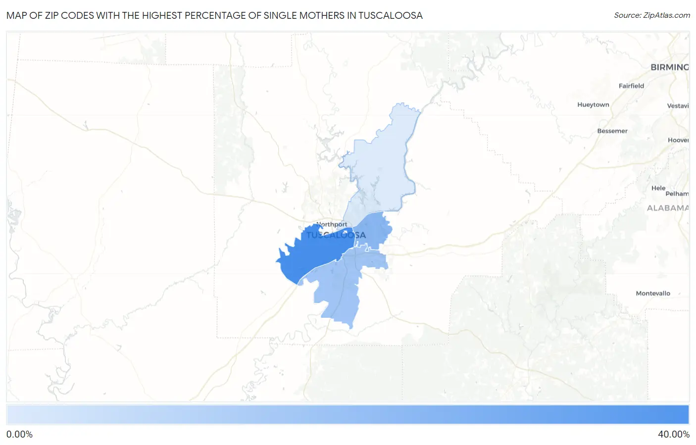 Zip Codes with the Highest Percentage of Single Mothers in Tuscaloosa Map