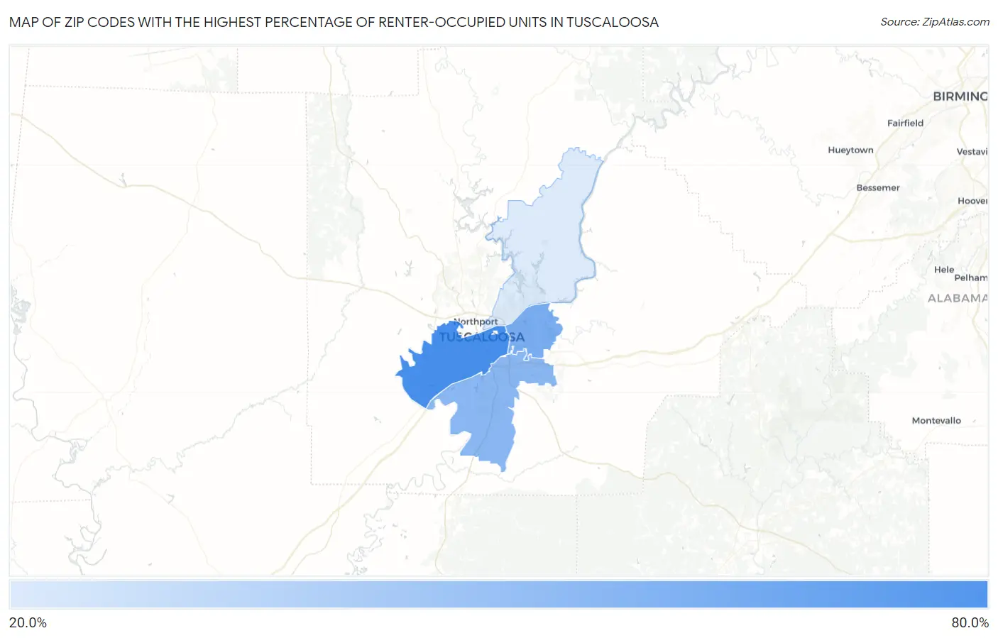 Zip Codes with the Highest Percentage of Renter-Occupied Units in Tuscaloosa Map