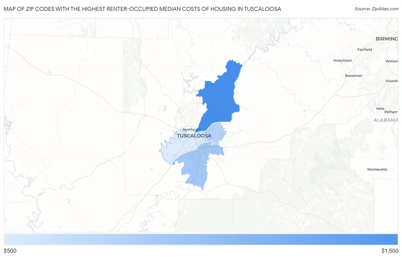 Zip Codes with the Highest Renter-Occupied Median Costs of Housing in Tuscaloosa Map