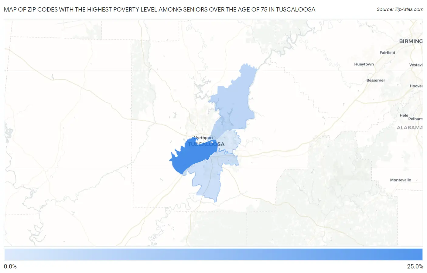 Zip Codes with the Highest Poverty Level Among Seniors Over the Age of 75 in Tuscaloosa Map