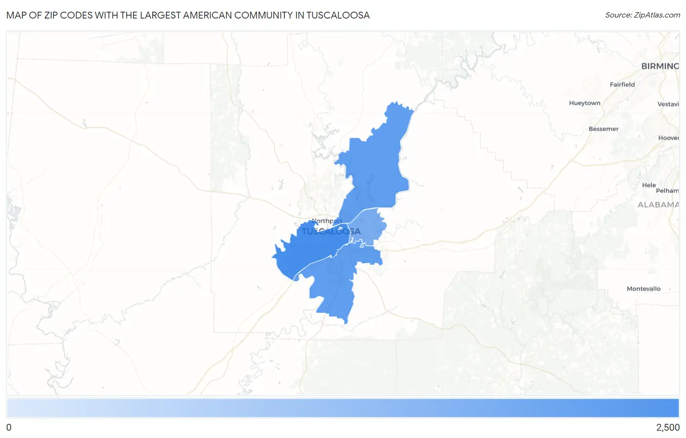 Zip Codes with the Largest American Community in Tuscaloosa Map