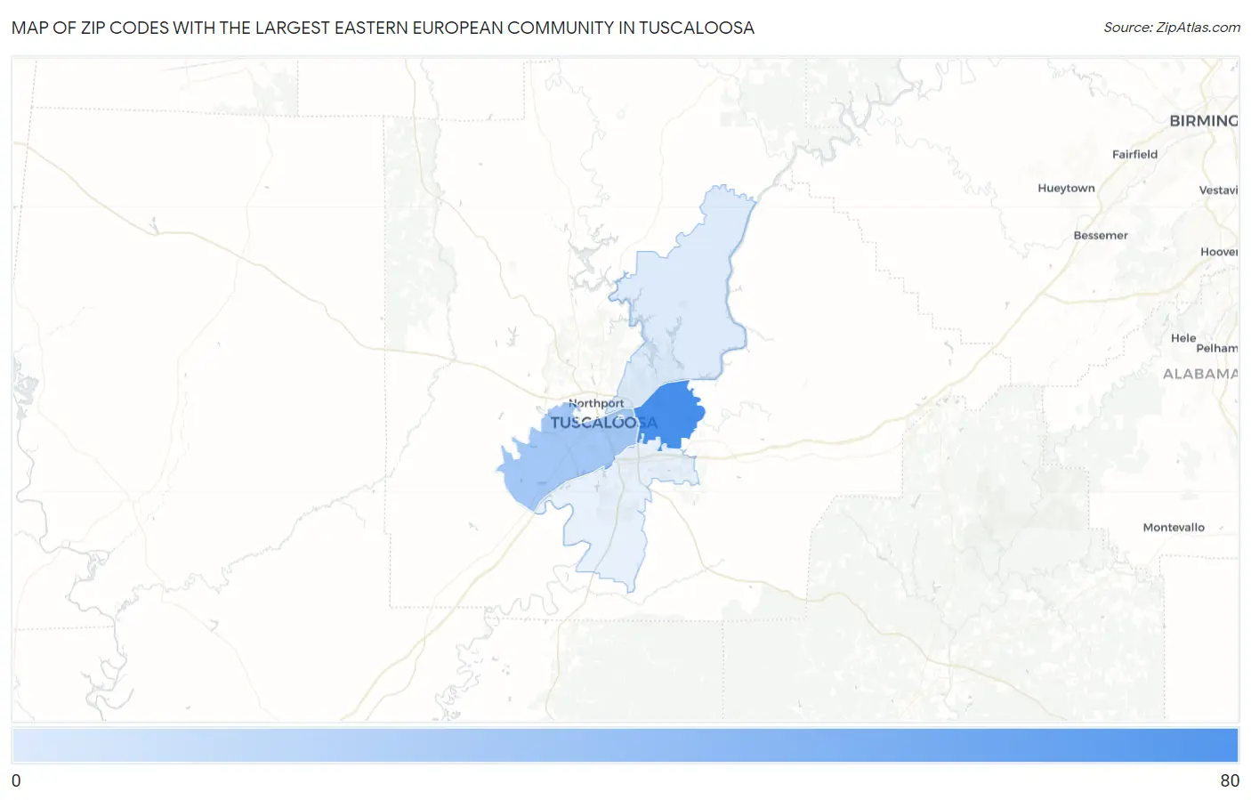 Zip Codes with the Largest Eastern European Community in Tuscaloosa Map