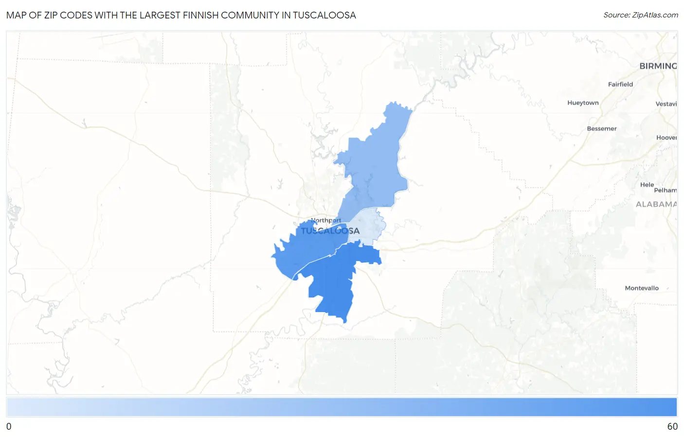 Zip Codes with the Largest Finnish Community in Tuscaloosa Map