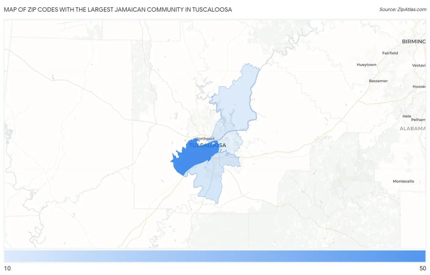 Zip Codes with the Largest Jamaican Community in Tuscaloosa Map