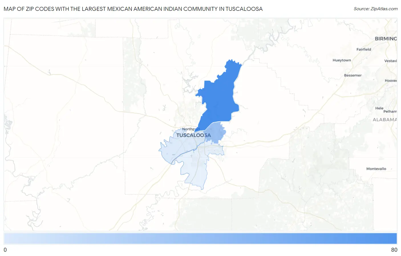 Zip Codes with the Largest Mexican American Indian Community in Tuscaloosa Map