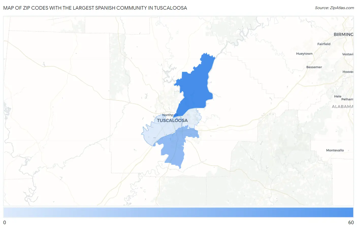 Zip Codes with the Largest Spanish Community in Tuscaloosa Map