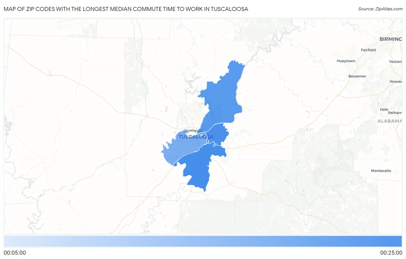 Zip Codes with the Longest Median Commute Time to Work in Tuscaloosa Map