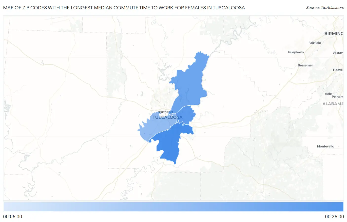 Zip Codes with the Longest Median Commute Time to Work for Females in Tuscaloosa Map