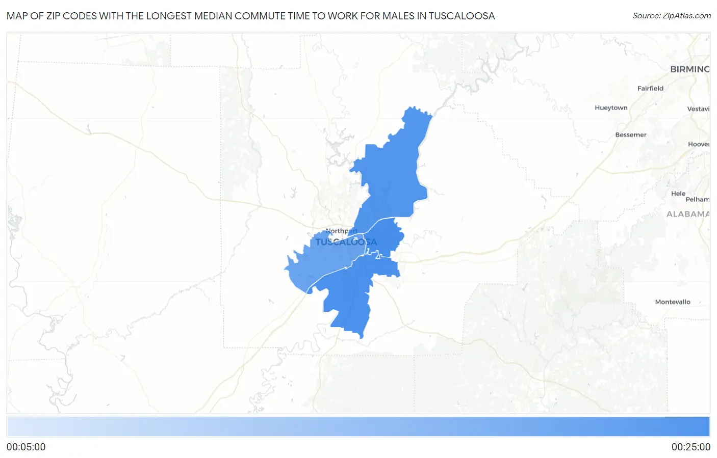 Zip Codes with the Longest Median Commute Time to Work for Males in Tuscaloosa Map