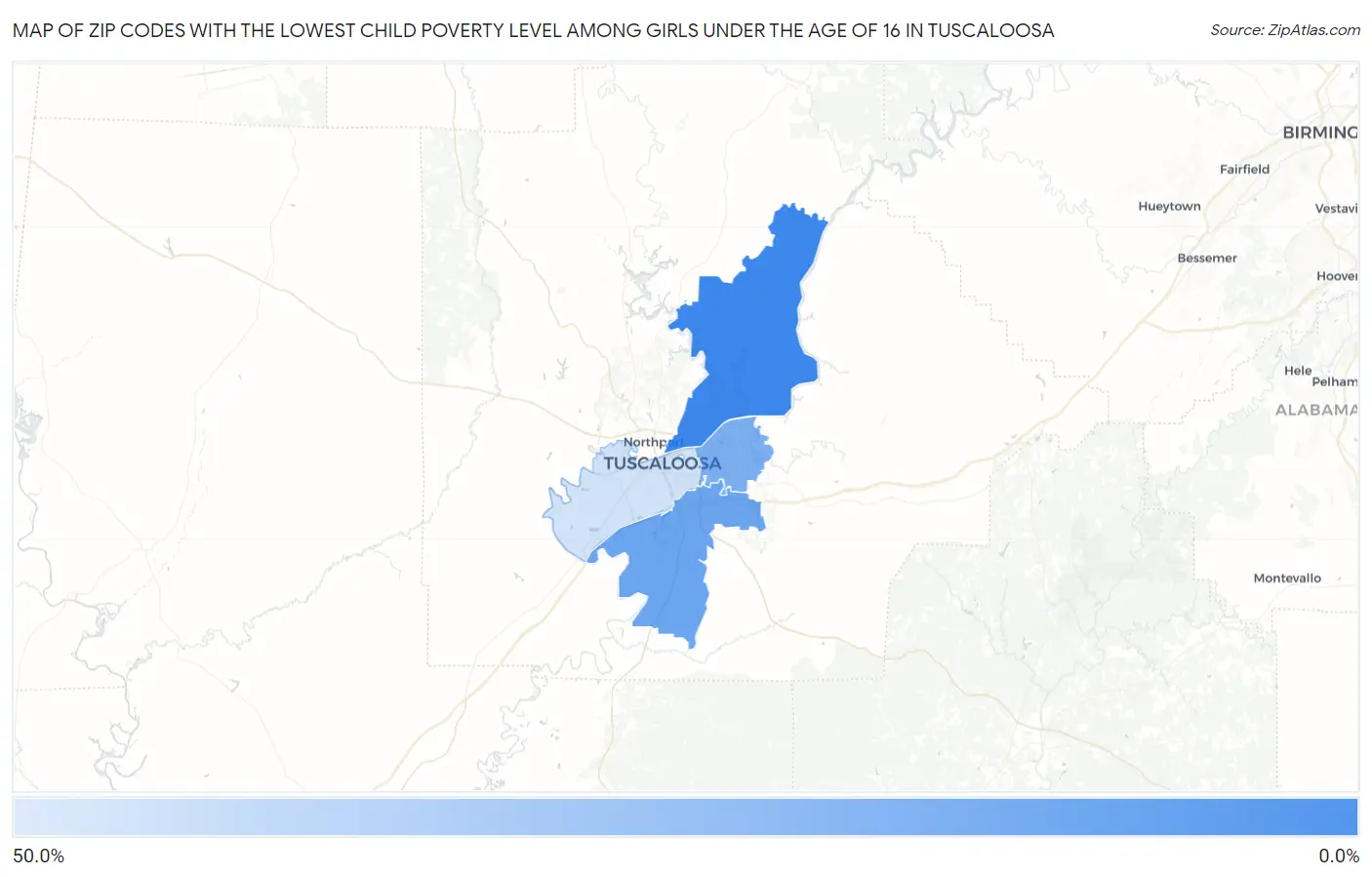 Zip Codes with the Lowest Child Poverty Level Among Girls Under the Age of 16 in Tuscaloosa Map