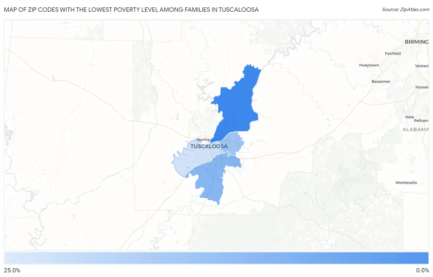Zip Codes with the Lowest Poverty Level Among Families in Tuscaloosa Map