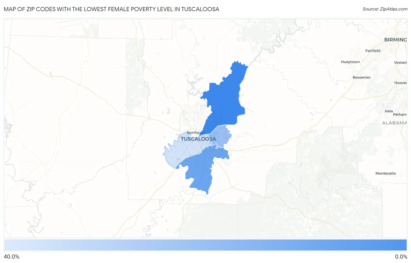 Zip Codes with the Lowest Female Poverty Level in Tuscaloosa Map