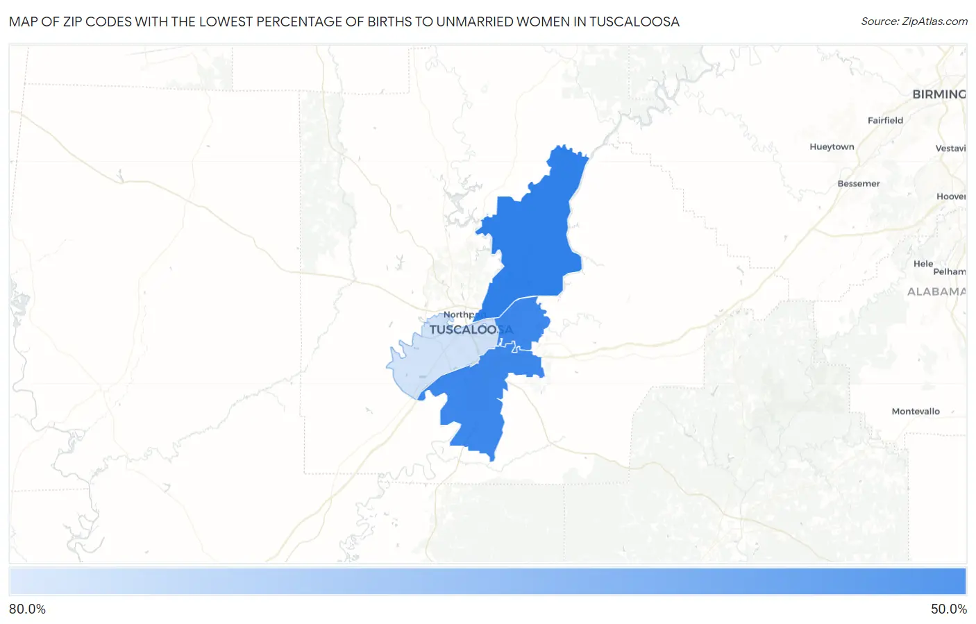 Zip Codes with the Lowest Percentage of Births to Unmarried Women in Tuscaloosa Map