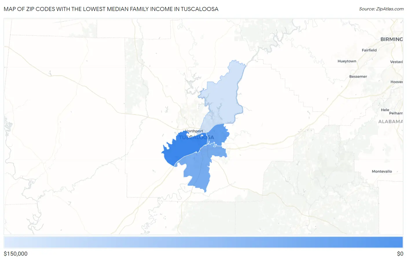 Zip Codes with the Lowest Median Family Income in Tuscaloosa Map
