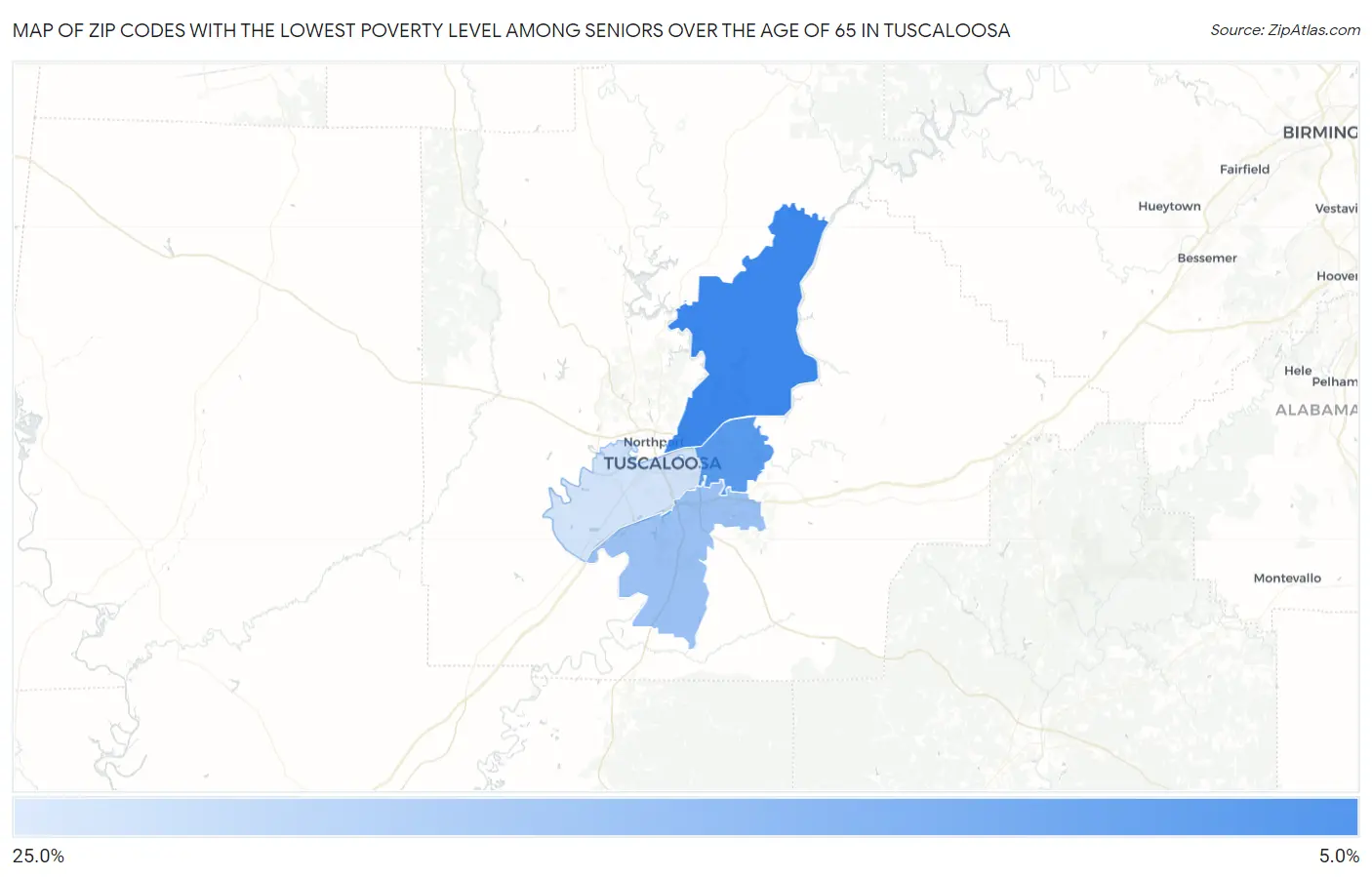 Zip Codes with the Lowest Poverty Level Among Seniors Over the Age of 65 in Tuscaloosa Map