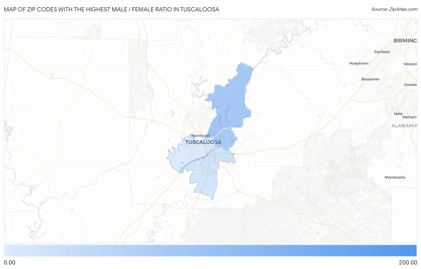 Zip Codes with the Highest Male / Female Ratio in Tuscaloosa Map