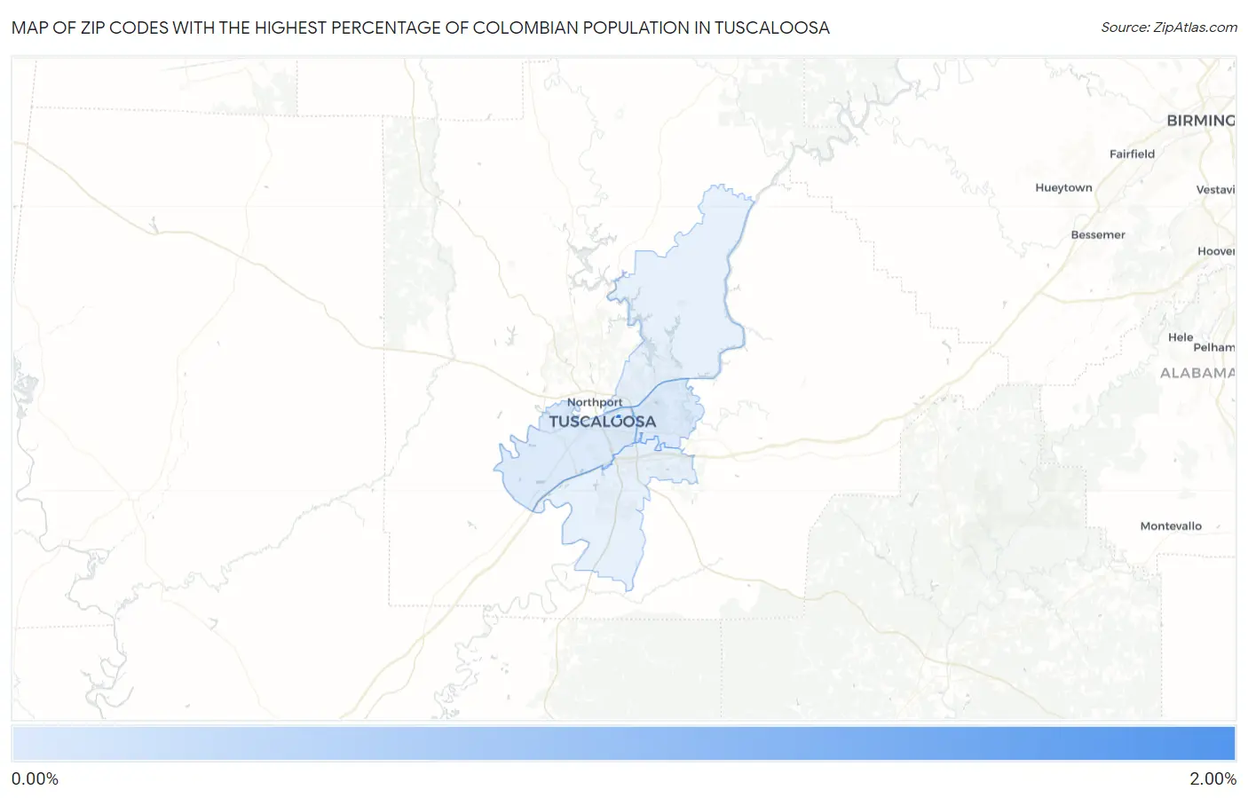 Zip Codes with the Highest Percentage of Colombian Population in Tuscaloosa Map