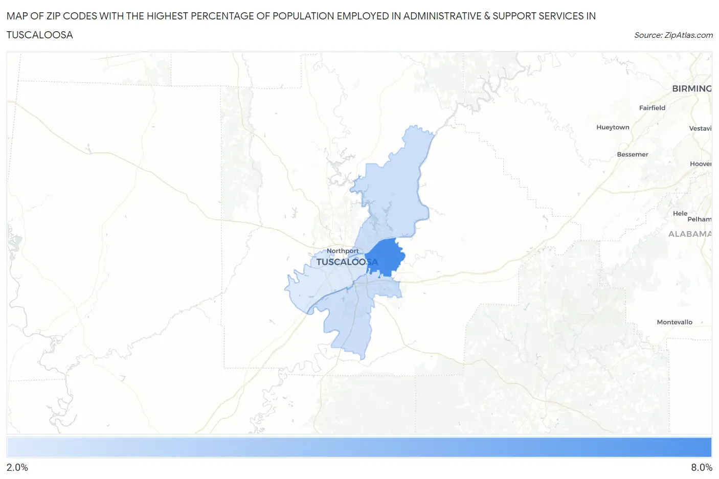 Zip Codes with the Highest Percentage of Population Employed in Administrative & Support Services in Tuscaloosa Map