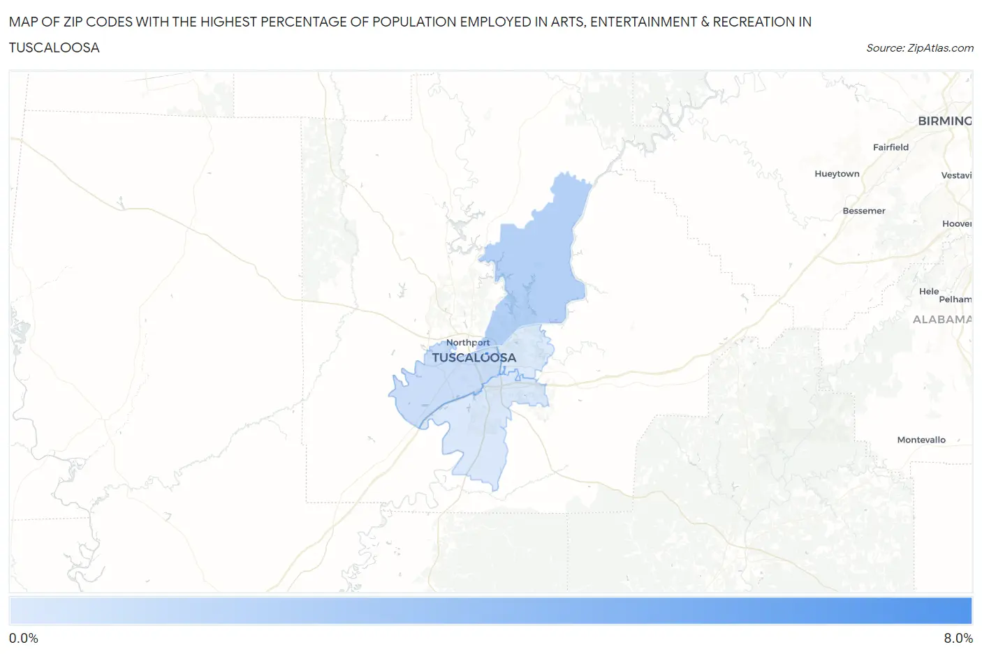 Zip Codes with the Highest Percentage of Population Employed in Arts, Entertainment & Recreation in Tuscaloosa Map