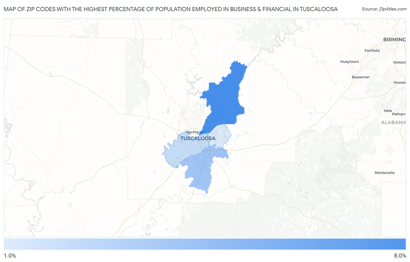 Zip Codes with the Highest Percentage of Population Employed in Business & Financial in Tuscaloosa Map